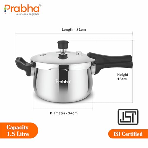 Image of Prabha Stainless Steel Pressure Cooker Outer Lid 1.5 Litre | Tri-Ply Kalash Cookers Bakelite Handle | Kitchen Cookware Pots & Pans | ISI Certified Fast & Safe Healthy Cooking | Gas & Induction