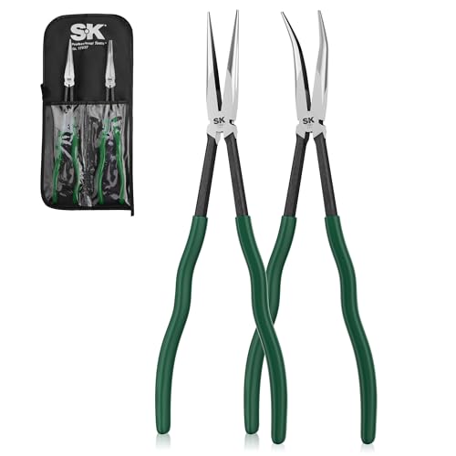 SK Tools USA Extra Long Nose Pliers, 2-Piece, 11-Inch Straight and 45° Angle Needle Nose Pliers, High Carbon Steel, Comfortable Handles for Anti-slip Grip