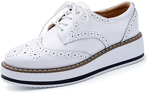 DADAWEN Women's Platform Lace-Up Wingtips Square Toe Oxfords Shoe White US Size 8/Asia Size 40/25cm