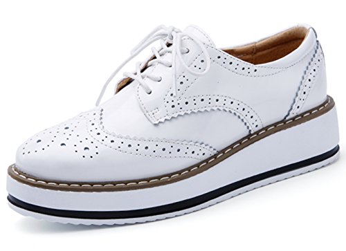DADAWEN Women's Platform Lace-Up Wingtips Square Toe Oxfords Shoe White US Size 10/Asia Size 43/26.5cm