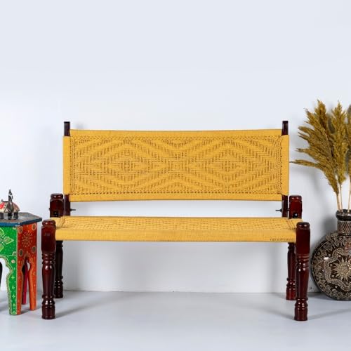 Image of Srima Wooden Bench for Living Room | Handcrafted Sheesham Wood Backrest Bench for Balcony & Garden | Traditional Rajasthani Patio for Outdoor with Cotton Handwoven Rope | Yellow
