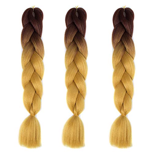 Feibin 30色 ウィッグ エクステンション 3本セット ブレイズ 編み込み グラデーション 三つ編み ヘアアクセサリー 盛りアップ つけウィッグ かつら 毛束 ウィッグ つけ毛 ヘアアクササリー ヒップ ホップ レゲエ ダンス ヘアアレンジ (30#イエロー)