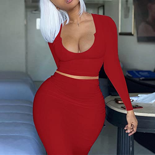 Image of Women Sexy Two Piece Skirt Outfits Long Sleeve /Sleeveless V Neck Bodycon Ribbed Knitted Maxi Club Party Dress