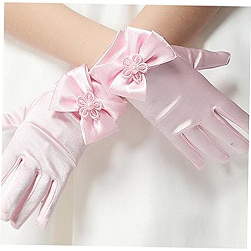Healifty Flower Girl Lace Gloves Short Mesh with Bowknot for Wedding and Party Elegant Pink Dress Up Gloves for Baptism Prom Easter Costume2