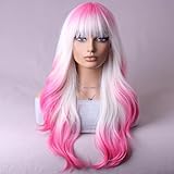BERON Pink and White Long Wigs Curly Wavy Women's Wigs with Bangs Pink White Ombre Colorful Heat Resistant Synthetic Wigs for Cosplay or Daily Wigs Wig Cap Included
