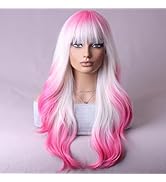 BERON Pink and White Long Wigs Curly Wavy Women's Wigs with Bangs Pink White Ombre Colorful Heat ...