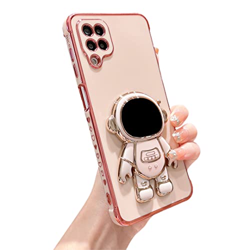 phylla for Samsung Galaxy A12 Astronaut Hidden Stand Holder Phone Case Luxury Gold Plating Cute Astronaut Camera Protector Case Soft Shockproof Kickstand Bumper with Side Cute Heart Pattern (Pink)