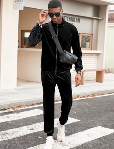 LecGee Mens 2 Piece Outfits Full Zip Velvet Long Sleeve Tracksuit Velour Casual Jogging Zipper Sweatsuit Set2