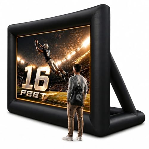Image of KHOMO Gear 16 ft Outdoor Projector Screen with Built-in Blower - Supports Front and Rear Projection - Includes Tie-Downs and Storage Bag - Inflatable Projector