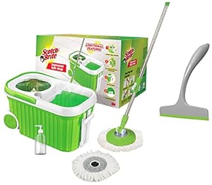 Scotch-Brite Supreme Spin Bucket Mop with Steel Spinner, Wheels, Drag Handle, Drain Plug & Dispenser (2N Microfiber Refills) (IS840126848)+Scotch-Brite Plastic Kitchen Wiper (Grey)