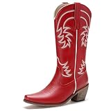 COOLCEPT Red Cowgirl Boots for Women Mid Calf Western Cowboy Boots Embroidered Pointed Toe Chunky Heel Country Boots Ladies Rodeo Festival Cowgirl Shoes Size 39