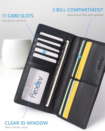 Image of Alldaily Bifold Slim Long Wallet for Men RFID-Blocking Thin Card Holder with ID Window, Faux Leather (Black)
