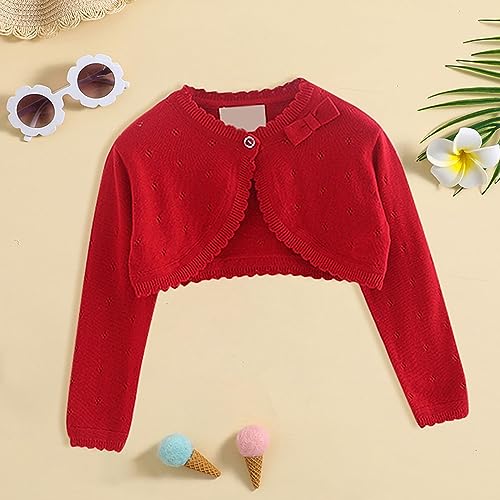 Girls 𝗦hrugs B𝗼lero Long Sleeve Cardigan Kid Button Closure Sh𝗿ug Crop Top Part𝘆 Church Dress Cover (Red, 5-6 Years)2