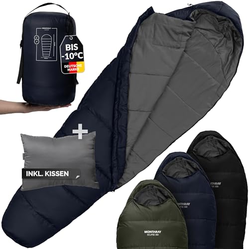 Schlafsäcke für 3-4 Jahreszeiten, Sleeping Bag Camping [300 GSM], Mumienschlafsack, Schlafsack Outdoor Erwachsene kleines Packmaß, Winterschlafsack leicht & kompakt, mit Kissen, blau
