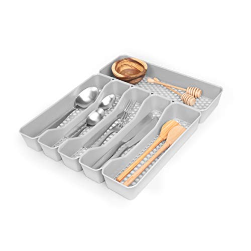 Spectrum Diversified Hexa 6-Divider Buildup-Resistant Organizer Utensil Holder Easy-to-Clean Modern Kitchen Storage Cutlery Tray Silverware Drawer Organizer 13 x 16 Stone Gray