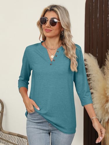 TICTICMIMI Women's V Neck 3/4 Sleeve Tops Casual Summer T Shirts Loose Fit Button Tunic Blouse2