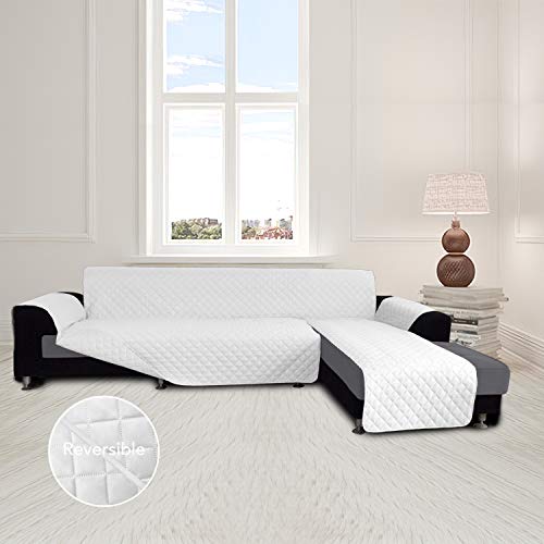 Image of Easy-Going Microfiber Sofa Slipcover L Shape Sectional Couch Cover - Reversible Chaise Furniture Protector for Pets, Kids, Children, Dog, Cat (Large, White /White)