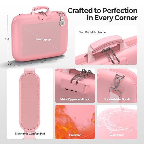 Image of Nacial Fireproof Document Box with Lock & Shoulder Strap, Hard-Shell Fireproof File Organizer with 13 Pocket Accordion File Folder, Portable Safe Storage for Important Documents, Laptop, Pink