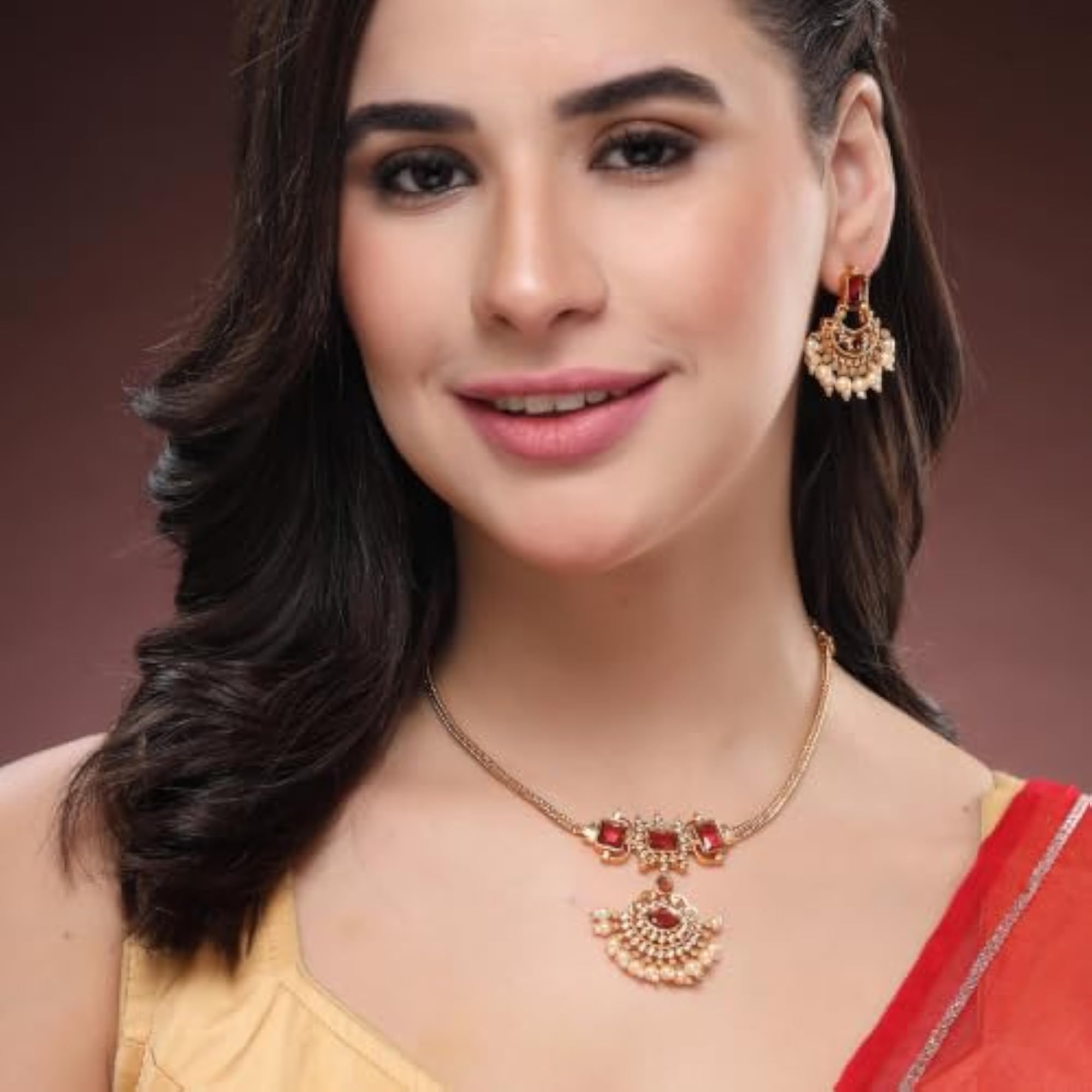 AD Geometric Chandbali Pearl Drop Necklace Set, Gift for Her