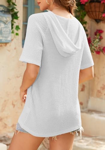 Dimur Womens Hooded Sweatshirt Waffle Knit Classic Long Sleeve Lightweight Pullover Tops Drawstring Hoodies Button V Neck Cute Blouses Shirts Spring Summer Fashion Clothes White — view 3