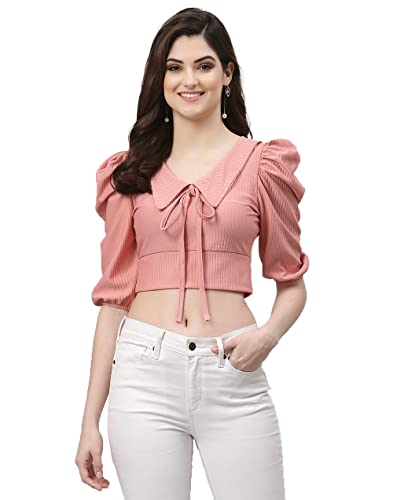 Image of Mehrang Women's Solid Ribbed Crop Tank Top Ribbed Tops for Women V-Neck 3 /4th Balloon Sleeves