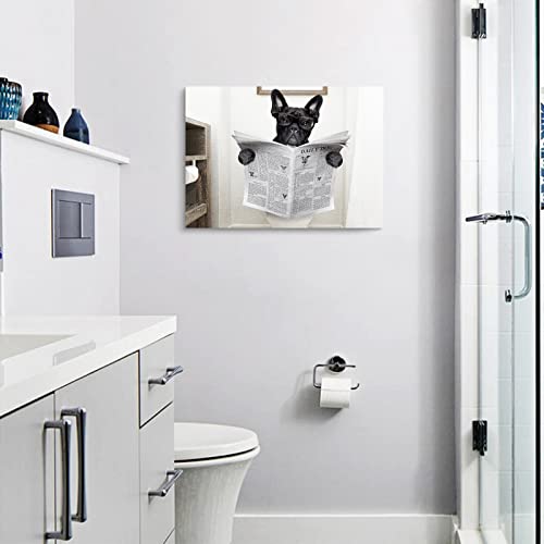 Funny Dog Canvas Wall Art Print French Bulldog Dog Read Newspapers Sitting On Toilet Poster Prints On Canvas Painting Artwork Stretched And Framed Ready To Hang For Bathroom Walls Decor 20X16 Inch #TOP4