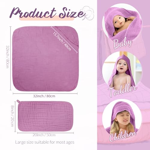Image of VitalCozy 12 Pcs Baby Muslin Hooded Bath Towels and Washcloths, Muslin Hooded Baby Towels Absorbent Blankets for Gift Newborn Infant Shower (Purple Series)