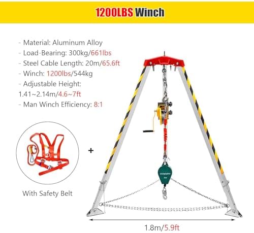 7ft Fall Arrest Kit - Confined Space Tripod with Self-Lock Device Heavy-Duty Winch (1200/1800/2600lbs) for Sewer Rescue Tunneling & Safety Operations