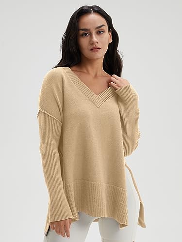 Image of DEEP SELF Women's V Neck Oversized Sweaters Long Batwing Sleeve Split Hem Pullover Asymmetric Loose Casual Knit Tops