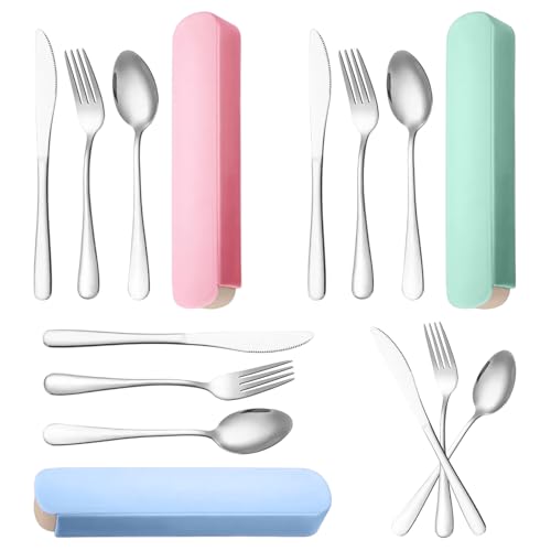 3 Sets Edelstahl Camping Besteck mit Etui, Tragbare Reisebesteck, Wiederverwendbares Camping Besteck Set mit Löffeln Gabeln und Messern für Schule...