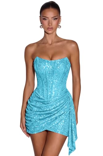 cacbyes Teen's Strapless Homecoming Dresses Short Sequin Dress Turquoise 4