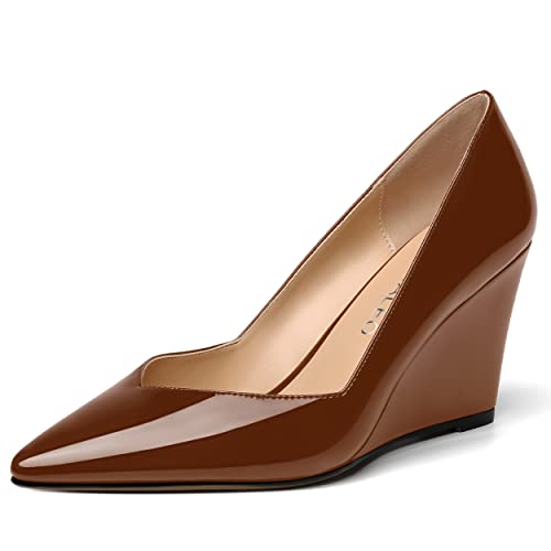 NUMALEO Womens Patent Slip On Casual Solid Pointed Toe Office Wedge High Heel Pumps Shoes 3.3 Inch