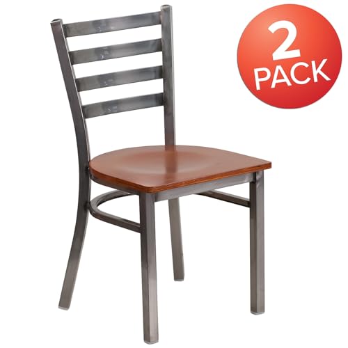 Image of Flash Furniture 2 Pk. HERCULES Series Clear Coated Ladder Back Metal Restaurant Chair - Cherry Wood Seat