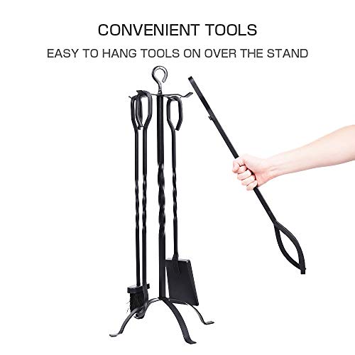 5-Piece Fireplace Tools Set 31’’, Heavy Duty Wrought Iron Fire Place Toolset With Poker, Shovel, Tongs, Brush, Stand For Outdoor Indoor Chimney, Hearth, Stove, Firepit-Easy To Assemble, Black #TOP4