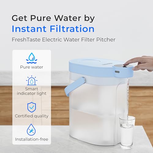 Waterdrop FreshTaste Electric Water Filter Pitcher, Rechargeable Powerful Dispenser, 17-Cup Instant Countertop Purifier, Reduce Chlorine, Lead, Copper, Purify, Soften Water, Blue, Does not Lower TDS