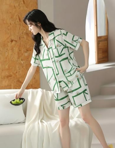 Image of Women Korean Printed Cotton Shirt & Shorts Summer Night Co-Ord Set | Casual Printed Cotton 2 Piece Pajama Set |Button Down Shirt & Shorts Matching Combo |Cute Pjs Sets For Beach Sleepwear Loungewear