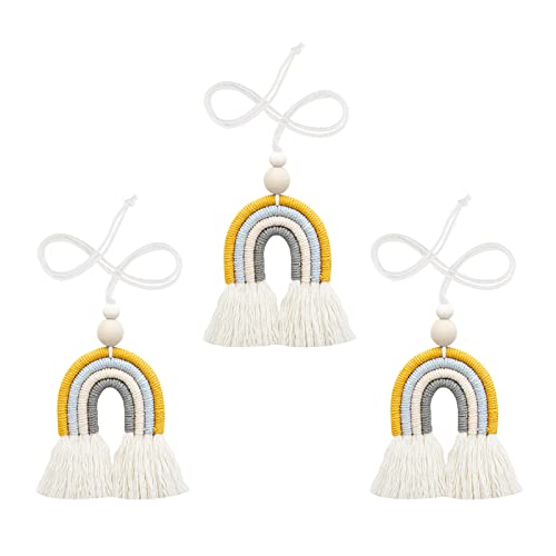 Regenbogen Wandbehang, 3 Pcs Regenbogen Auto Anhänger, Boho-Regenbogen Makramee Regenbogen Wandbehang Dekore mit Zwei Holzperlen für Car Home Wall Decor Schlafzimmer Kinderzimmer (Gelb) Cover