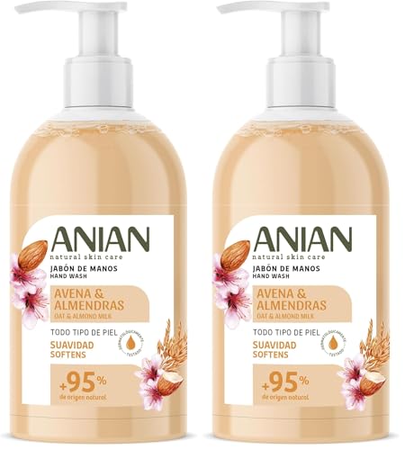 ANIAN - Jabón de Manos Avena y Almendras, 500 ml, para Piel Sensible, con Leche de Avena y Almendra, Calma e Hidrata la Piel, Manos más Suaves, + 95% Ingredientes de Origen Natural (Paquete de 2)