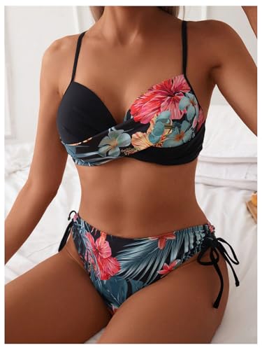 GORGLITTER Women's Push Up Bikini Set Underwire Floral Tie Side Hipster Swimsuits 2 Piece Swimwear Black Large - Image 3