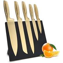 Kitchen Knife Set, 6 Piece Professional Knife Set with Magnetic Block Holder, High Carbon Stainless Steel Sharp Knives Set for Kitchen,Ergonomic Hammer Handle,Wooden Magnetic Knife Holder Gold