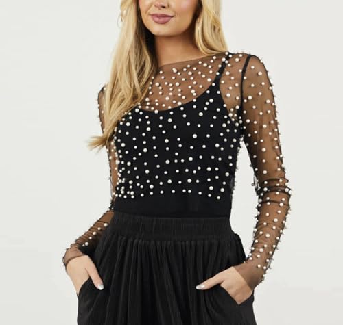 Women's Pearl Dress Cover ups Long Sleeve mesh Dress Sheer Dress Overlay Beaded Tops for Women Embellished Shirt3