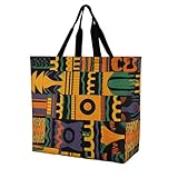 Sac d'épicerie extra large : notre sac d'épicerie à motif ethnique africain mesure 39,9 x 40 x 16 cm, poignée de transport de 23,9 cm, bandoulière robuste en polyester, peut être porté à la main ou porté sur une épaule.