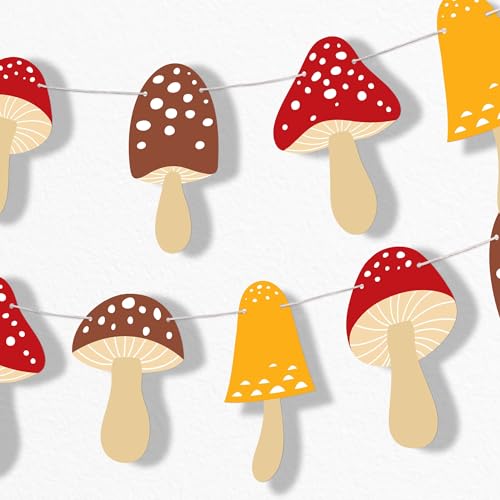 Big Dot of Happiness Wild Mushrooms Garland Banner, Yellow, Brown, Red Toadstool Fall Decor, Birthday Party Decorations Backdrop, 30 Feet of Cord, 15 Paper Mushroom Shapes