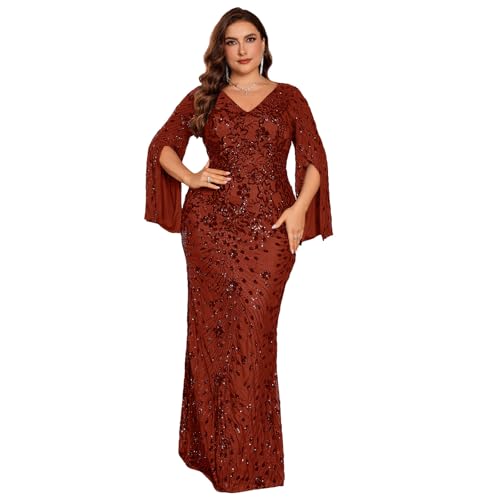 Image of Plus Size Formal Dresses for Women with Embroidery Sequin and Cape Sleeve, V-Neck Maxi Dress for Wedding and Party