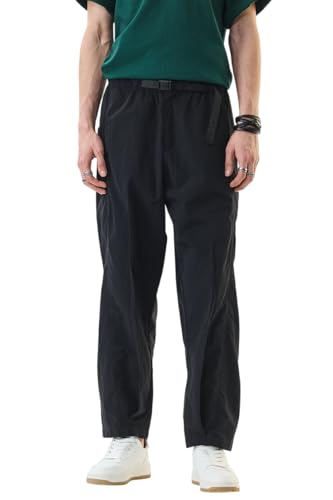 Image of SNITCH Men Cargo Pants | Relaxed Fit with Elastic Waistband & Adjustable Belt | 100% Nylon Material & Multiple Utility Pockets for Casual & Street Wear
