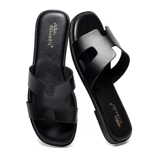 Image of NianEr Womens Microfiber Leather Memory Foam H Sandals Summer Shoes Slides | Flat, Comfortable, Slip On, Dressy, Dress, Beach, Vacation, Designer, Comfy, Casual, Bridal, Church, Boho, Office, Work
