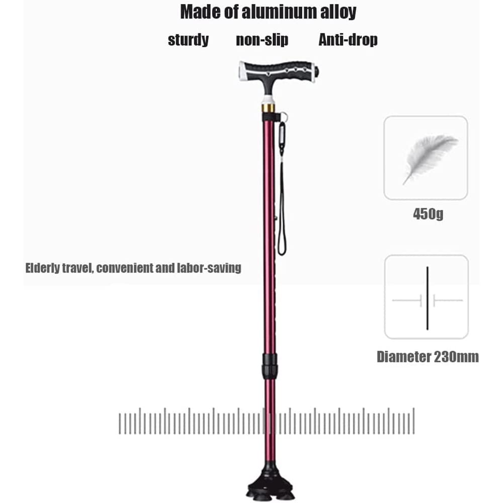 Bastón para Mujer Hombre, Bastón De 220 Libras Muletas Telescópicas con Luz Led, Bastón Independiente Portátil, Altura Ajustable (Color : Black, Size : One Foot)