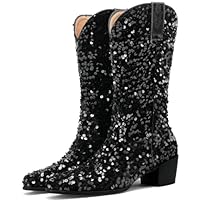 DINTAHA Sequin Sparkly Mid Calf Cowgirl Boots for Women,Glitter Cowboy Boots,Black