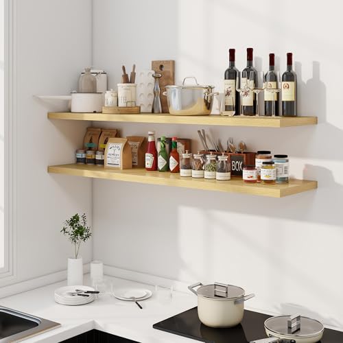 Image of Dreamland 55 inch Floating Shelves for Wall, 12 inch Deep Slim Oak Floating Shelves, Wall-Mounted Shelves for Bedroom, Living Room, Kitchen, Bathroom - Set of 2