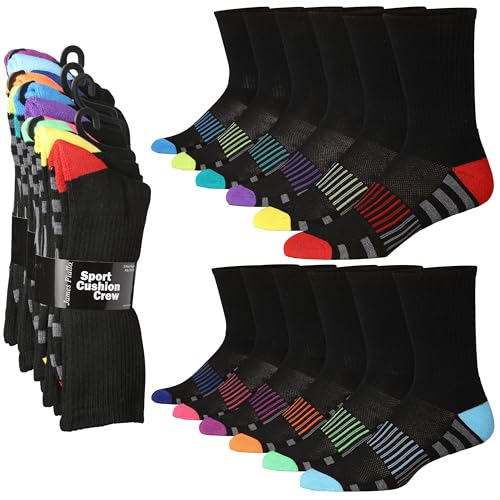 JAMES FIALLO 12 Pack Men's Cushion Athletic Comfortable Performance Crew Socks for Running, Hiking, and Athletic Activities